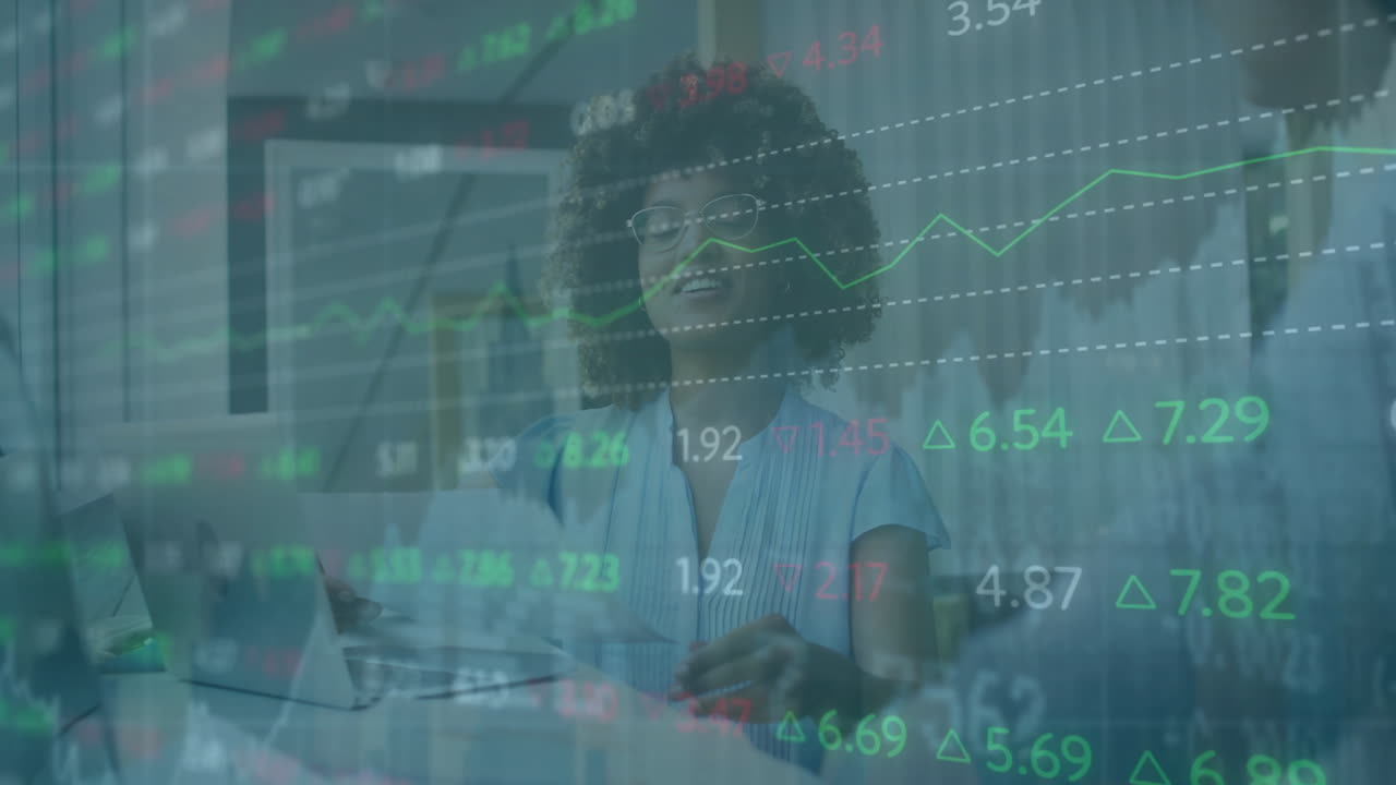 Animation of financial data processing over diverse business people in office