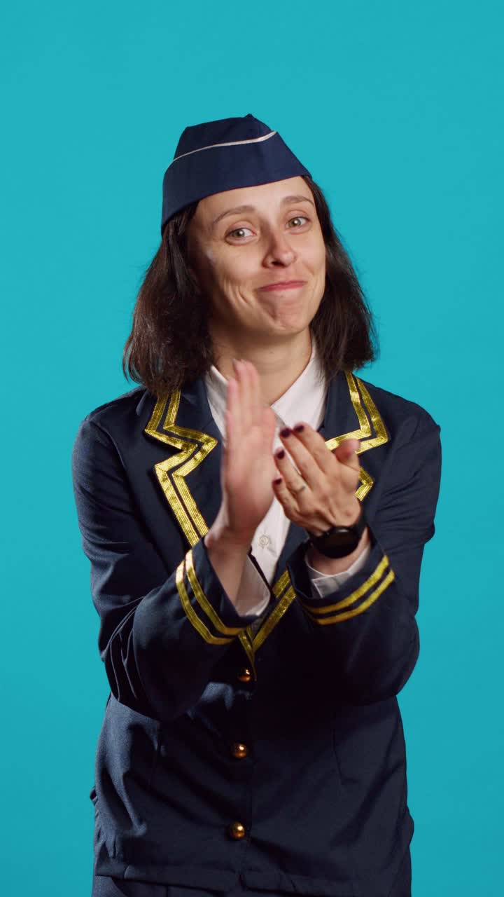 Video verticale: donna felice vestita da hostess che applaude