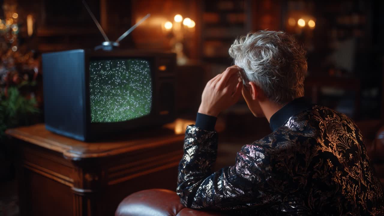 Una figura contemplativa siede in una stanza elegantemente arredata, concentrata su una televisione vintage che mostra statico, riflettendo un momento di quieta introspezione e nostalgia.