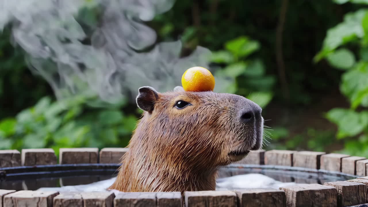 머리 위 에 오렌지 가 있는 핫 에 있는 카피바라