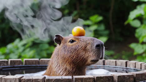 capybara in a hot tub with an orange on its head