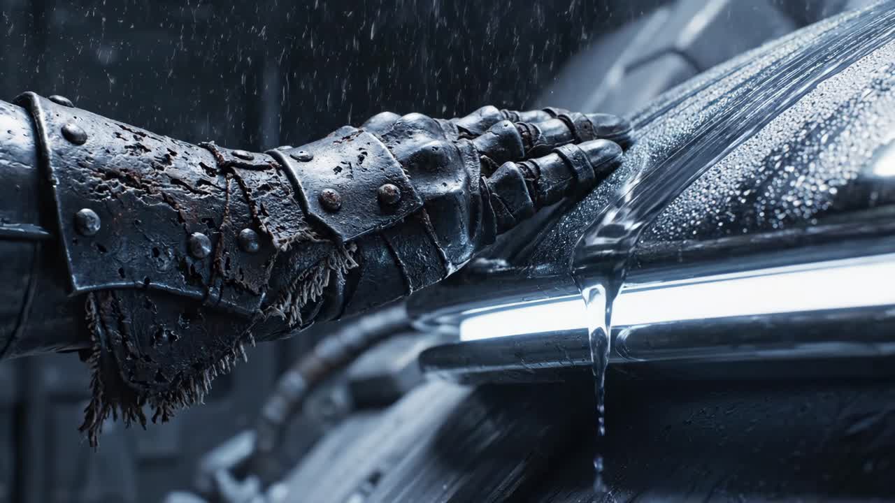 Futuristic Knight's Gauntlet in the Rain