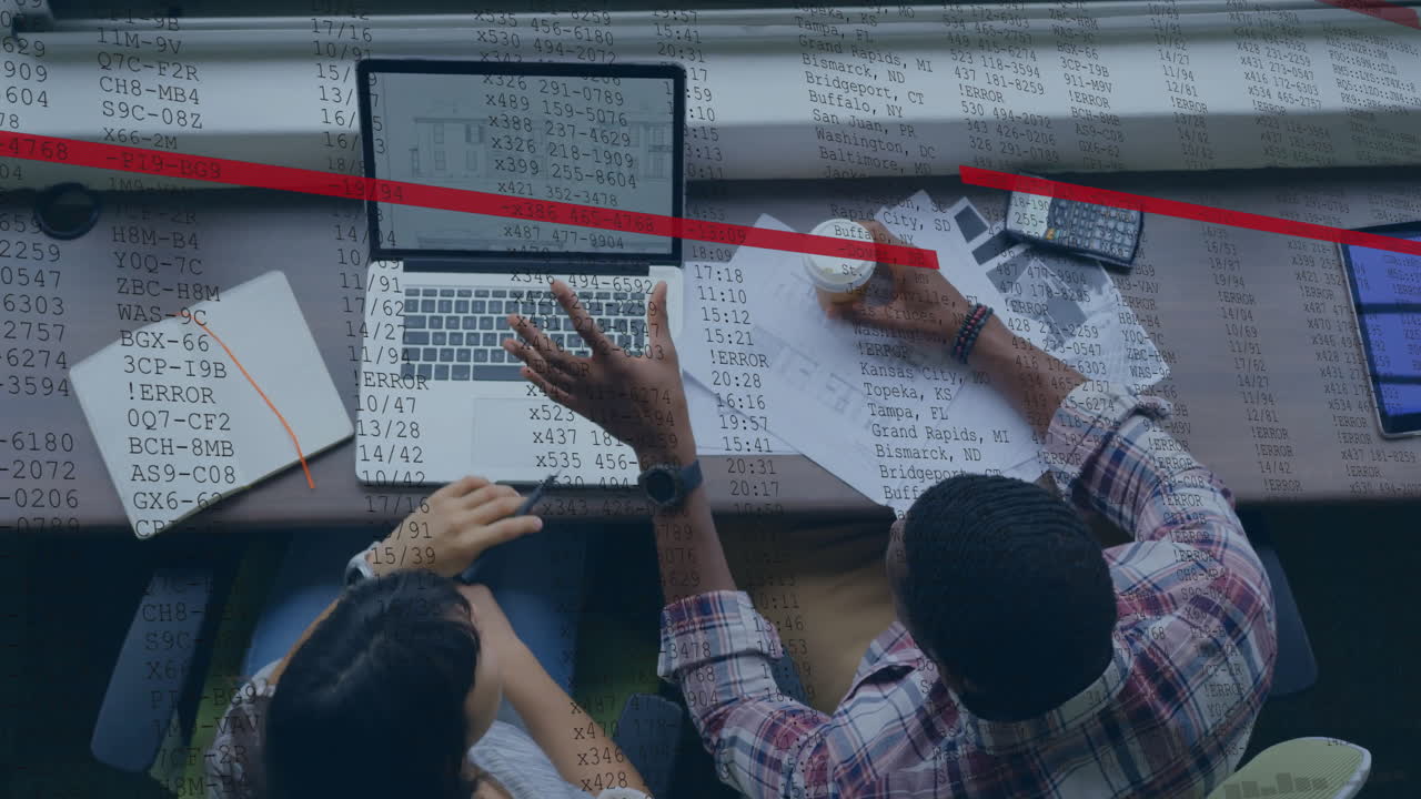 Animation of financial data processing over diverse business people in office