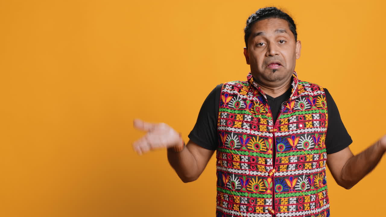 hombre encogiéndose de hombros, incapaz de proporcionar respuesta, fondo de estudio,