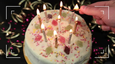 lighting candles on birthday cake, celebration animation over festive background