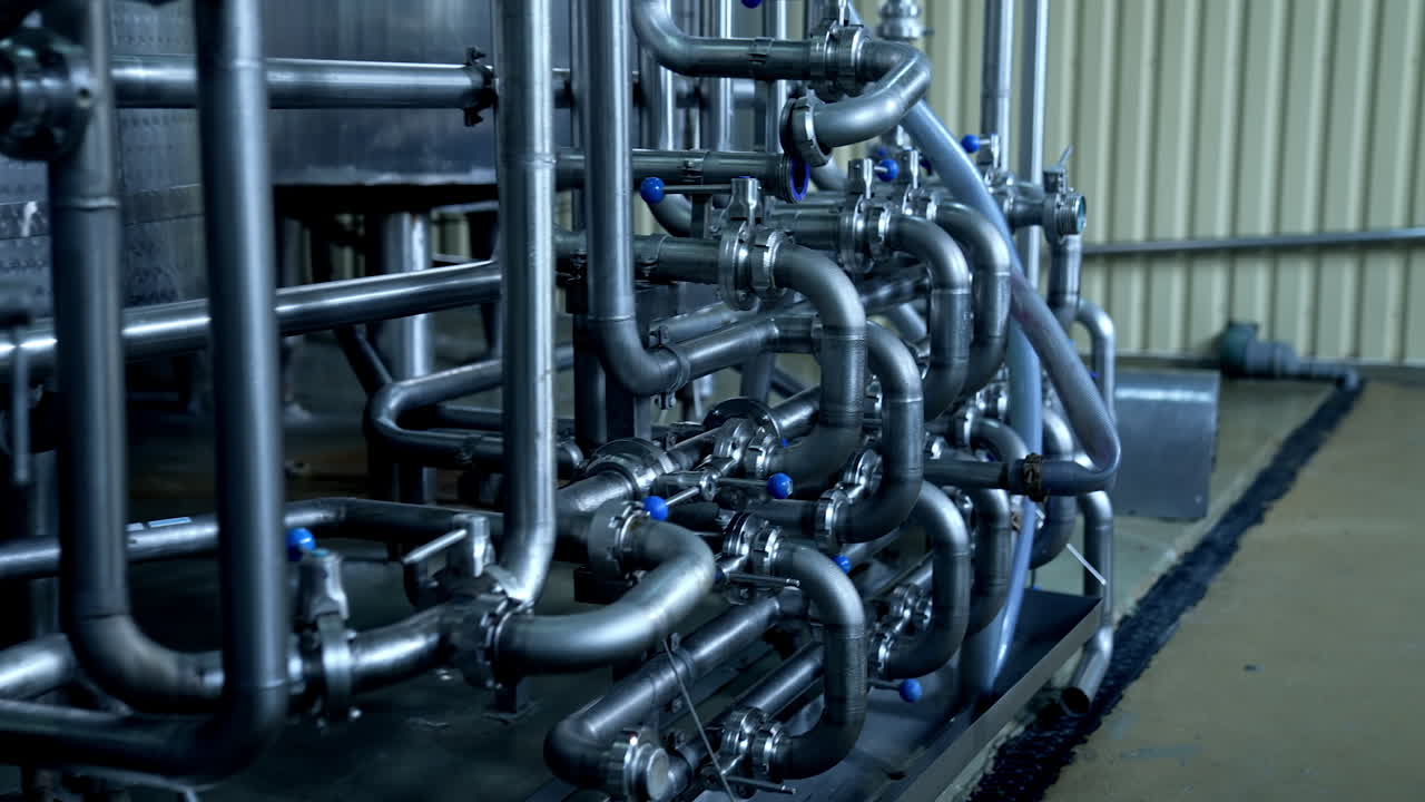 Modern industry for milk production. Stainless pipes inside the food plant. Automated line at milk and cheese manufacture.