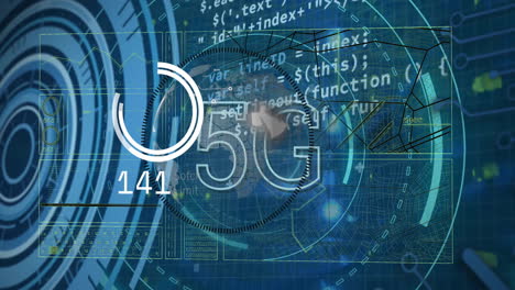 animación de escaneo de alcance con 5g y procesamiento de datos en fondo azul
