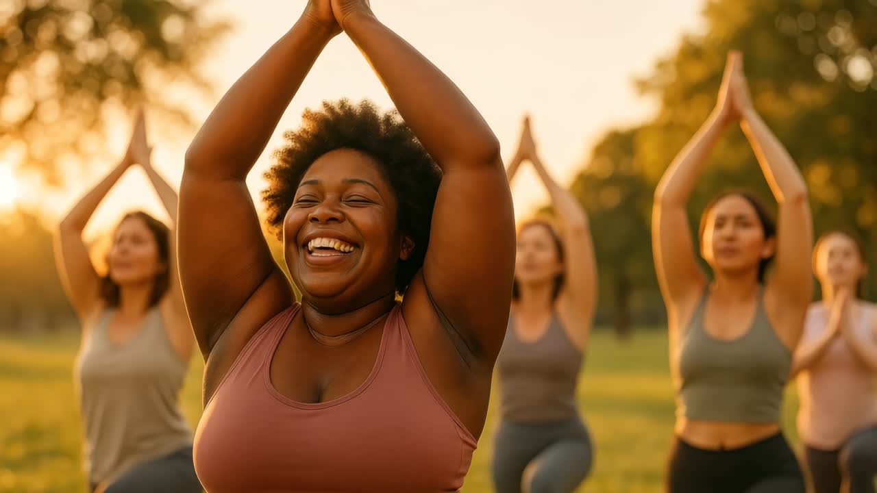 Group of women practicing yoga outdoors at sunset, captured from a low angle