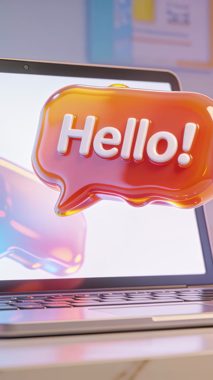 Vertical video: Playing, showing Hello bubble bobbing, revealing laptop desk, poster greeting user