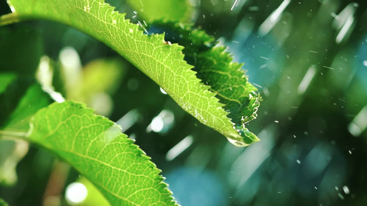 Watering the green grass. Sparkling water spraying out of sprinkler on the green lawn. Summer gardening. Slow motion