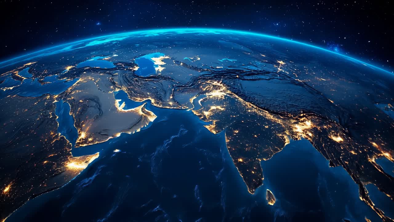 Nighttime view of Earth's continents, highlighting city lights.