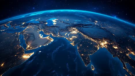 nighttime view of earth's continents, highlighting city lights.