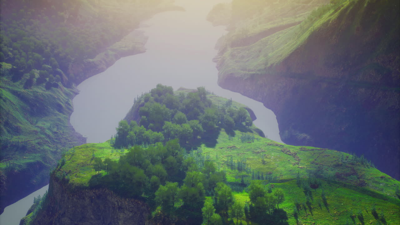 Breathtaking aerial view of a lush island surrounded by a winding river