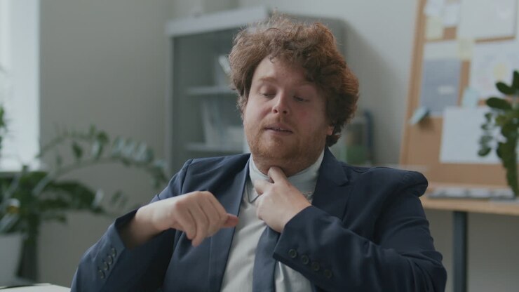 Uomo d'affari esausto che allenta la cravatta per lo stress in ufficio