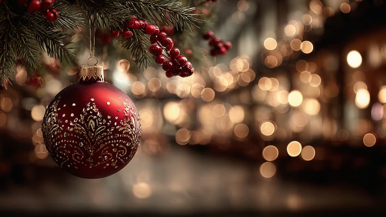 Una decorazione natalizia rossa finemente decorata appesa a un ramo di pino, circondata da luci scintillanti, che crea un'atmosfera calda e festosa per le feste.