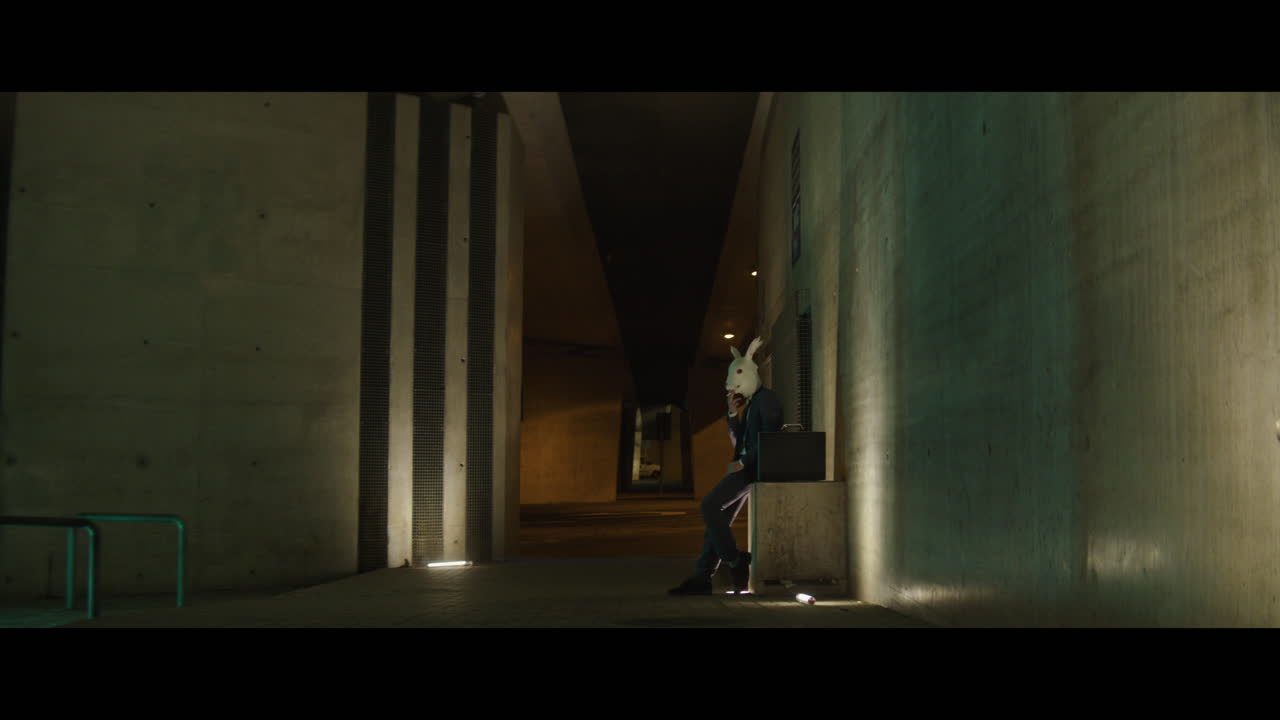 Man in a rabbit head mask