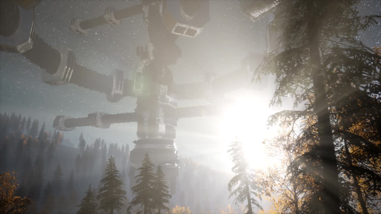 밤에 빛의  ⁇ 으로 숲 위를 떠다니는 ufo