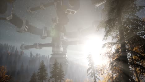 ufo flotando sobre un bosque por la noche con un haz de luz
