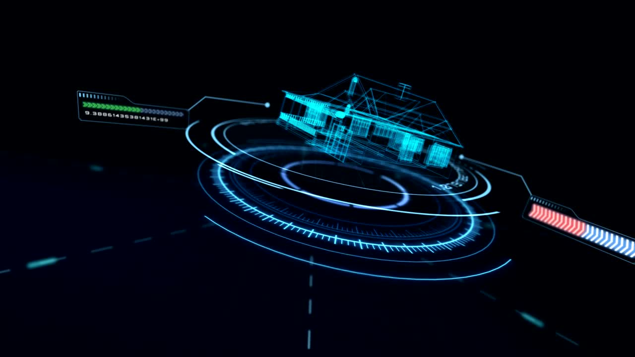 디지털로 생성된 건물 와이어프레임과 원형 패턴