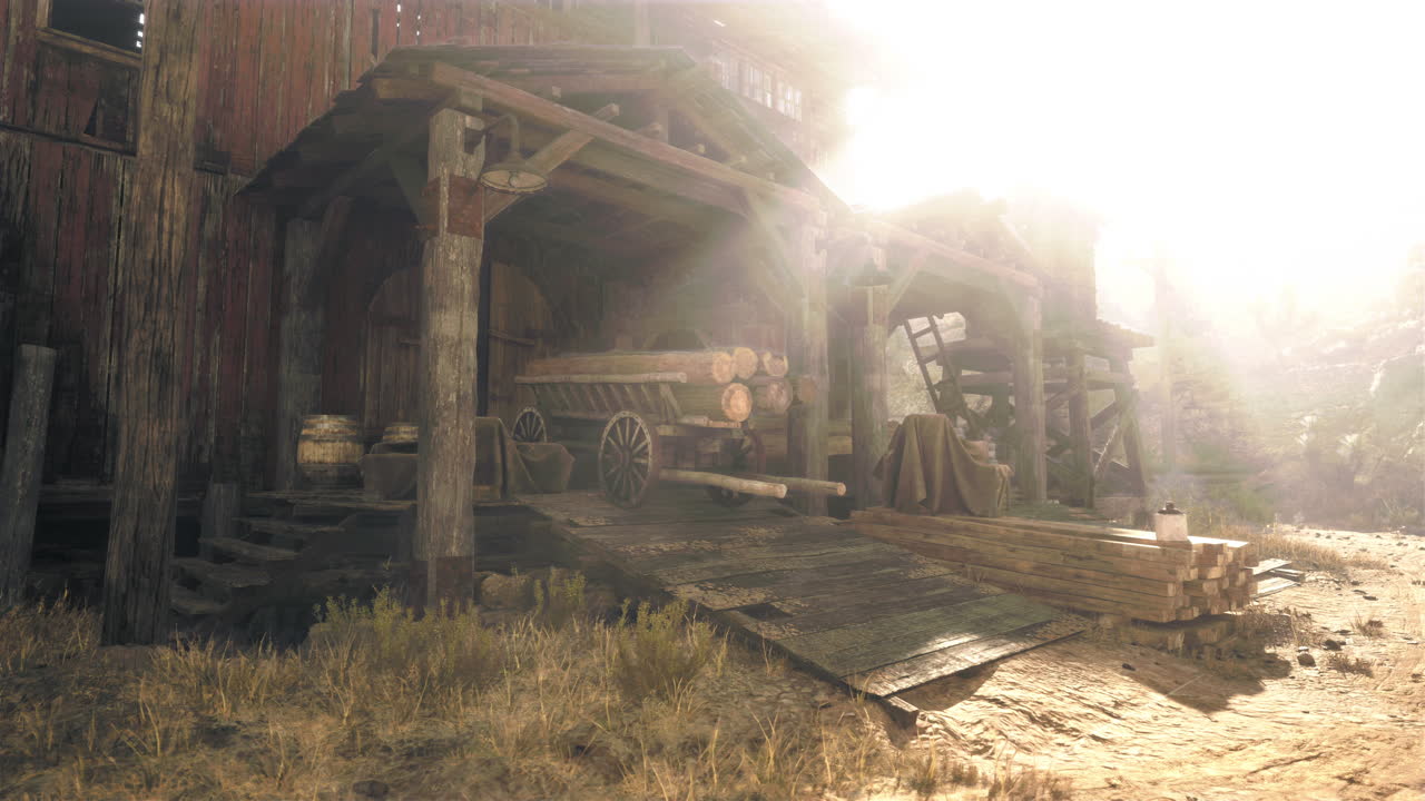 해가 뜨고 해가 지는 오래된 나무 창고와 목재 창고