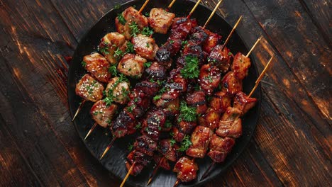 barbecue meat skewers on plate with rustic wood background