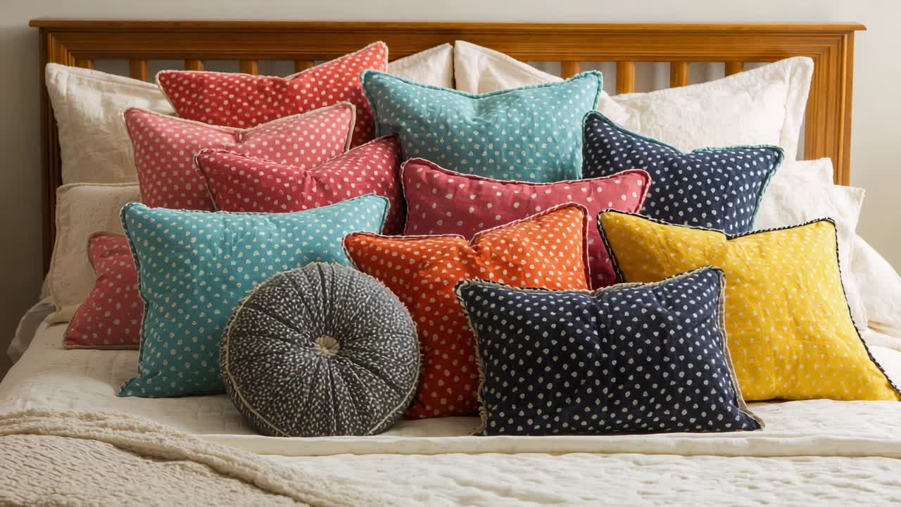 Cambiando l'inquadratura della camera, dei cuscini decorativi impilati nella camera da letto, rivelando il comodino e la lampada bianca