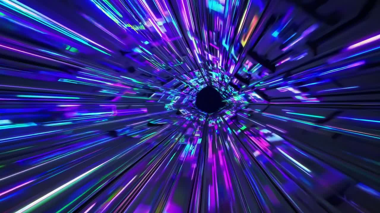 Dynamic visual sequence showcasing vibrant neon colors and light patterns spiraling through a tunnel, creating an immersive experience of motion and depth