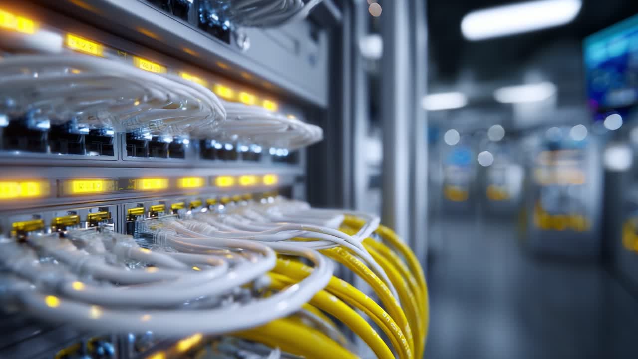 A Close-Up View of Network Cables and Hardware in a Modern Data Center, Highlighting the Intricate Connections Essential for Data Transmission and Communication
