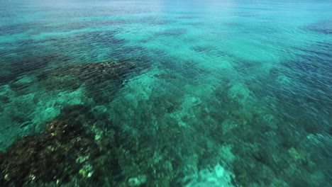 Aerial-view-over-corals-in-shallow,-turquoise-waters-of-New-Caledonia---low,-drone-shot