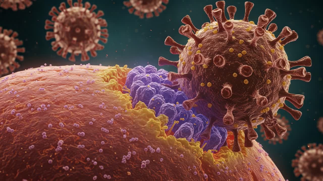 A Detailed Look at Viral Structures and Their Interaction with Cellular Membranes in a Microscopic Setting, Showcasing the Complexities of Pathogen Behavior