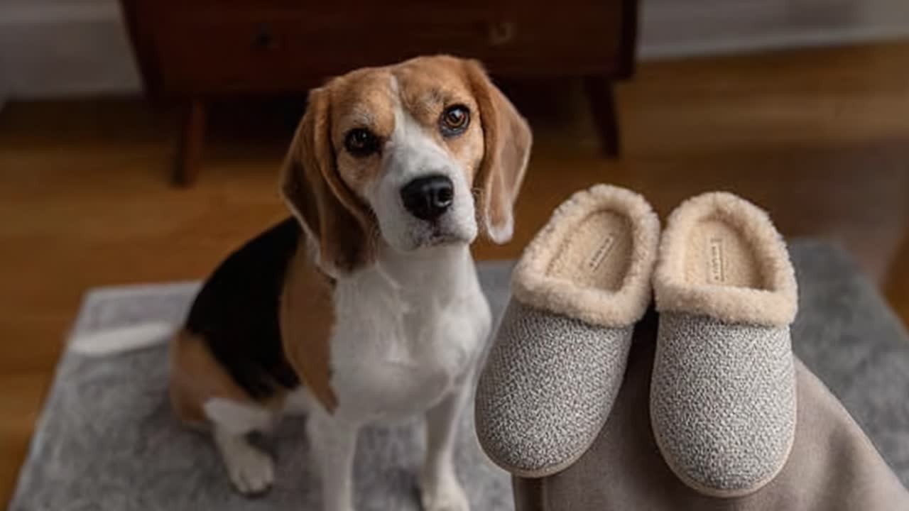 A Loyal Beagle Sitting Prominently With Cozy Slippers, Showcasing Their Comfort and Style in a Warm, Inviting Interior Setting