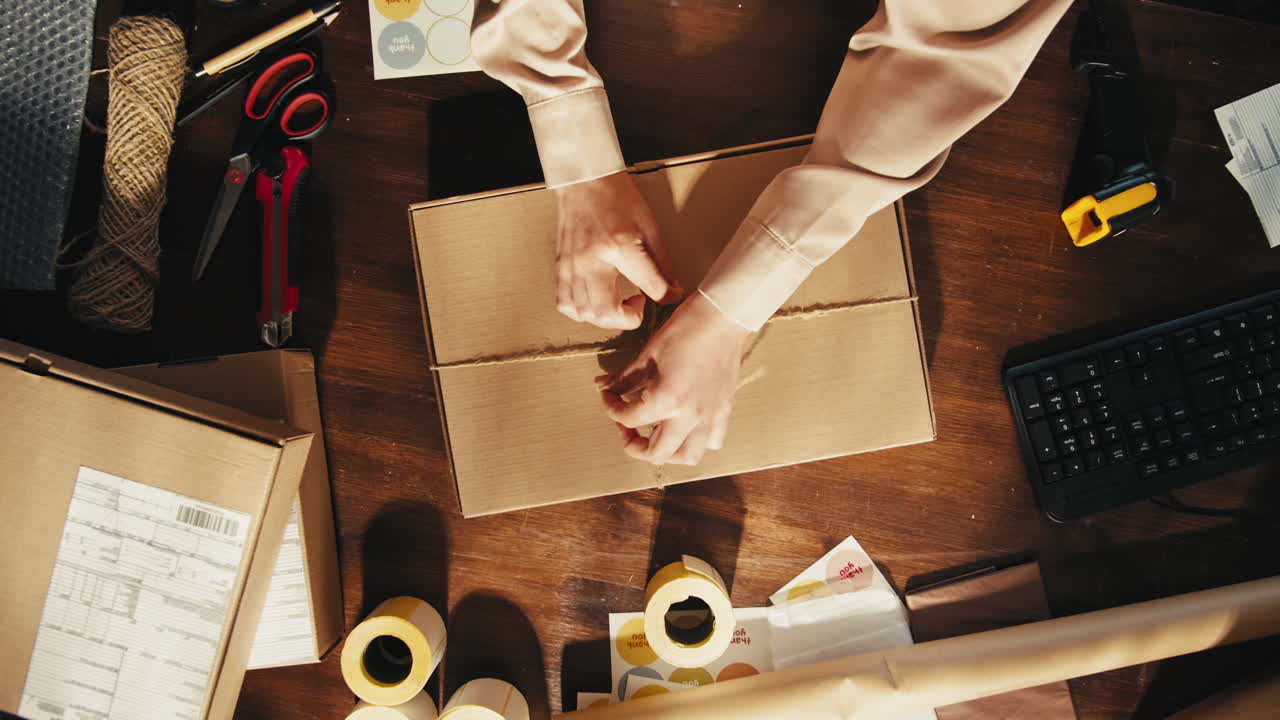 E-commerce storage shop, woman packing goods and clothes for second hand delivery market, dedicated Packaging and Shipping Workspace with Supplies and Technology for efficiency, online sales.