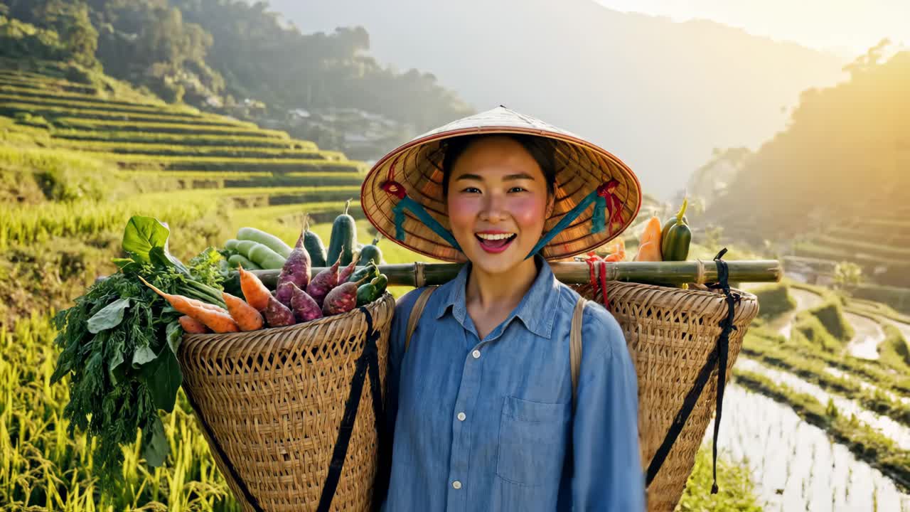 Asian Woman Farmer with Fresh Harvest in Rice Terraces