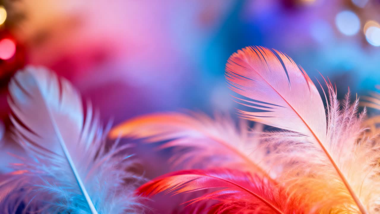 Skiftende kamerafokus hen over fjerklase i studie, afslører fine tråde og varm bokeh.
