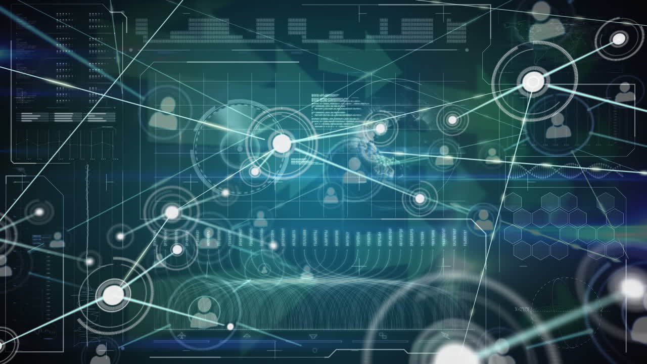 Animation of data processing and icons over blue background