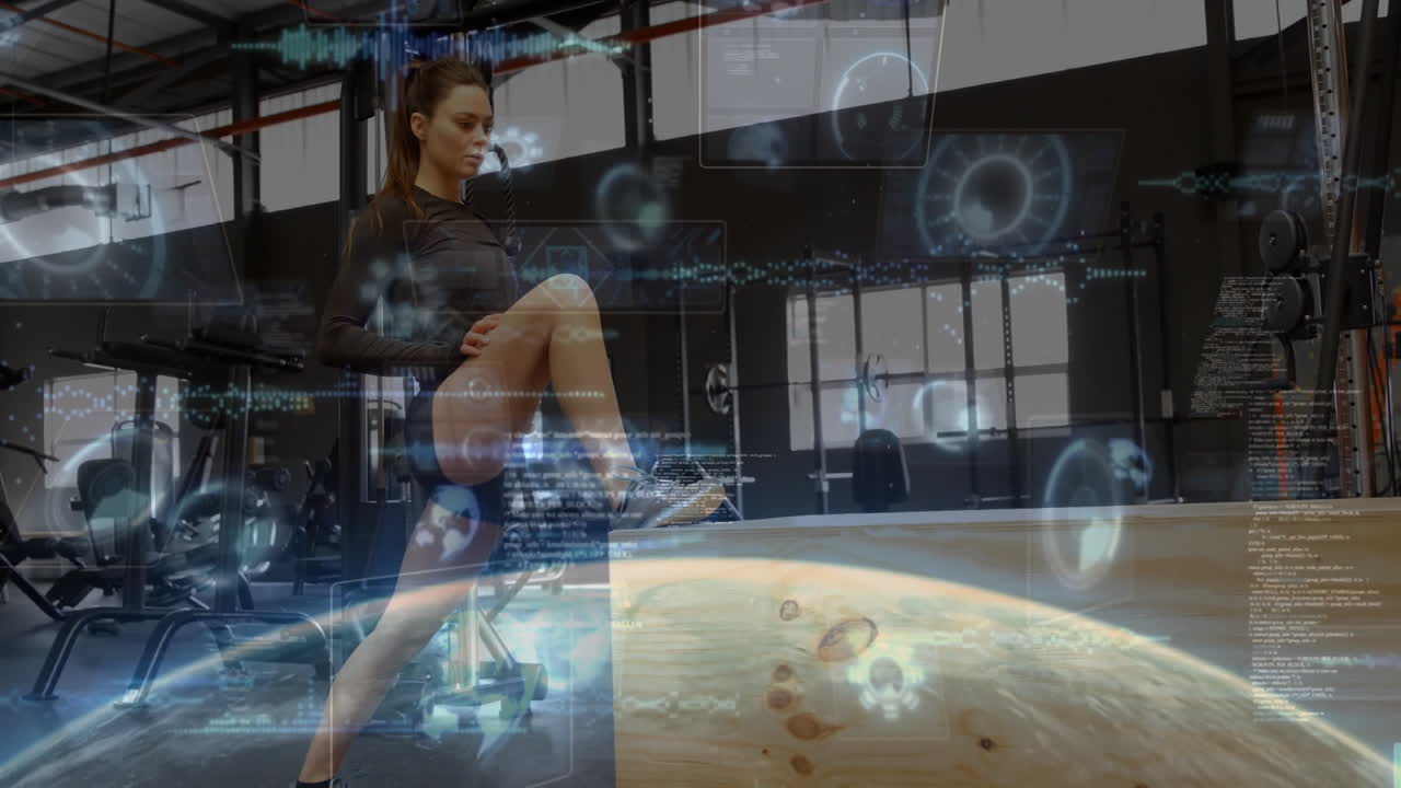Woman stretching leg on plyometric box in gym, showing floating fitness tech UI and holograms
