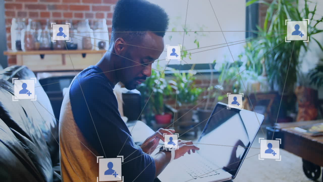 Animation of network of connections with icons over african american man using smartwatch