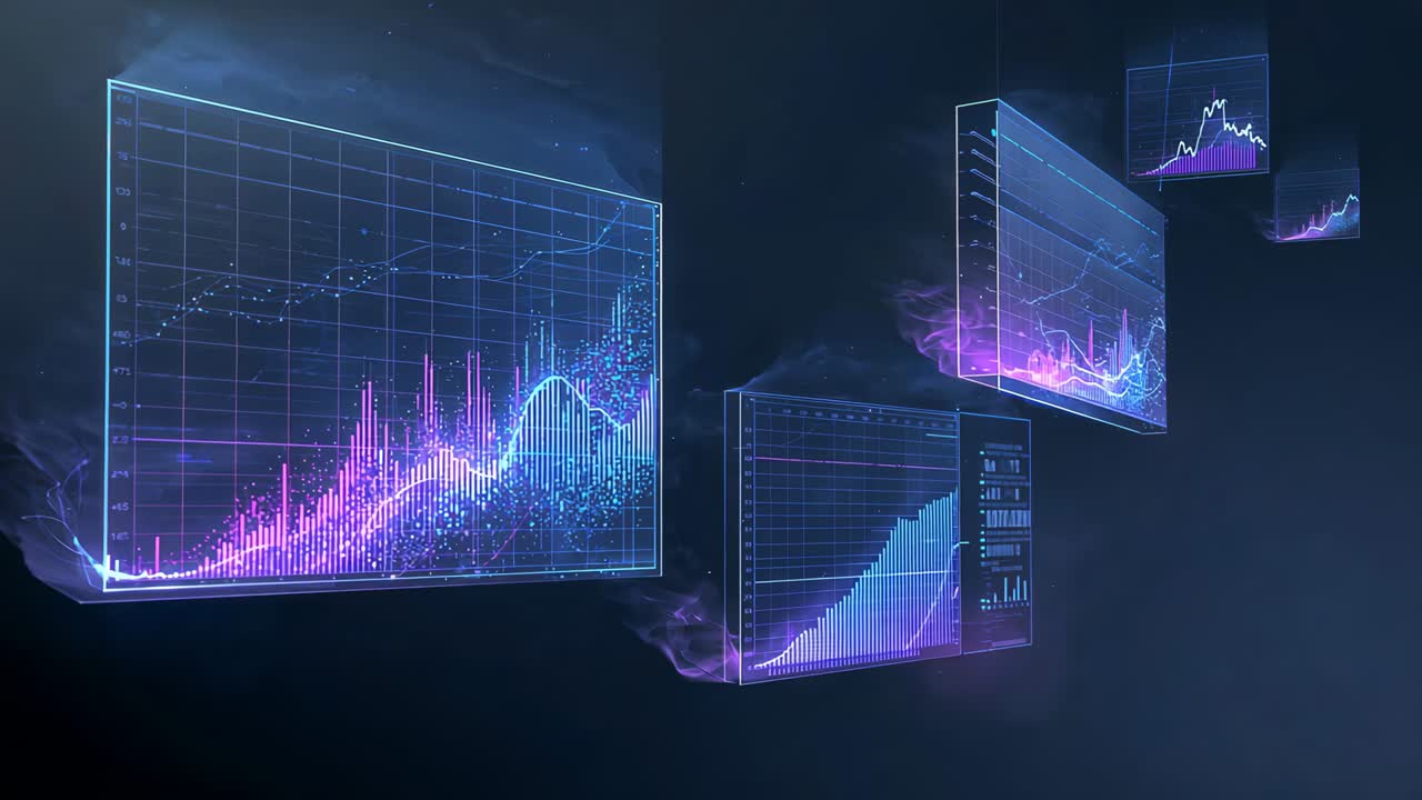 Moving holographic data panels shifting toward center in dark virtual space, stabilizing display