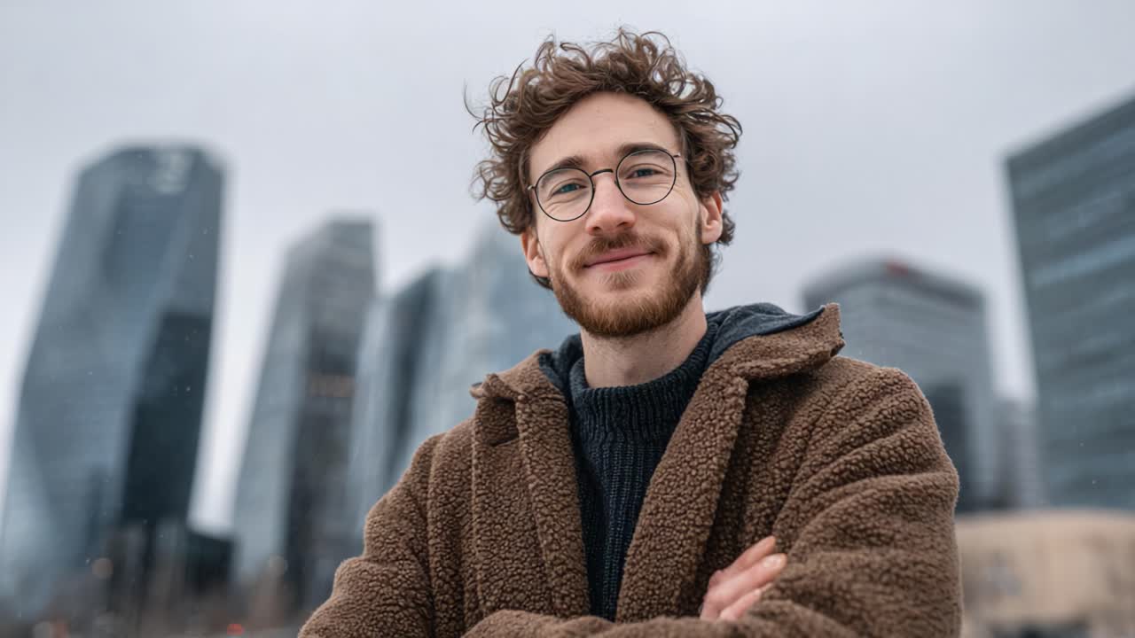 En selvsikker ung mann smiler foran moderne skyskrapere på en skyet dag, og omfavner den urbane atmosfæren med et stilig utseende