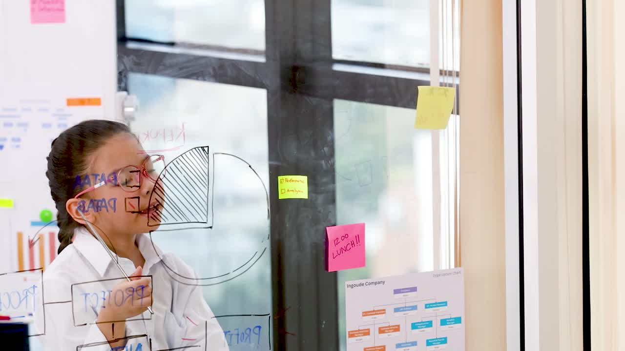 Una giovane ragazza con gli occhiali analizza dati aziendali e post-it su una parete di vetro.