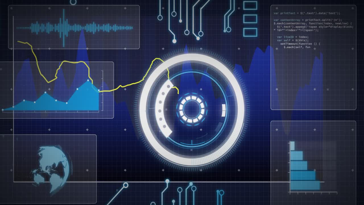 Animation of scope, circuit board and data processing over screens