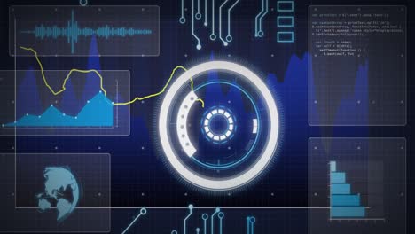 Animation-of-scope,-circuit-board-and-data-processing-over-screens