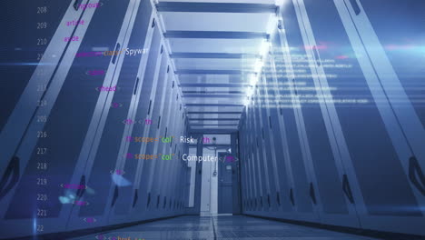animación de código informático sobre los servidores del centro de datos en el pasillo
