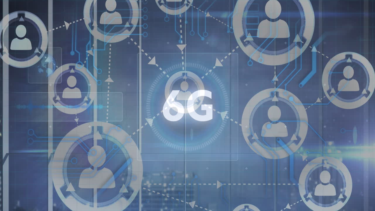 animación de texto 6g, red de conexiones con personas iconos y escaneo de alcance sobre el paisaje urbano