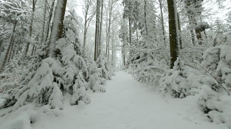 Sentiero innevato attraverso un bosco invernale in una giornata nuvolosa e gelida nel Bois du Jorat vicino alla città di Losanna, Vaud, Svizzera - Ripresa in avanti.