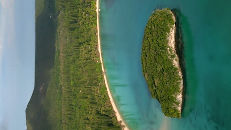 sacred rock in kanumera bay on the isle of pines - tilt down ascending vertical aerial