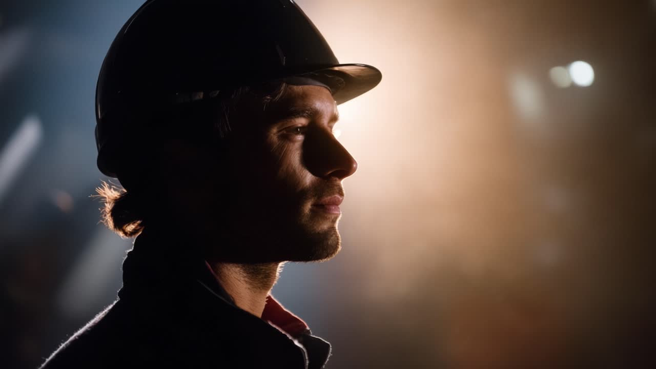 Um trabalhador determinado usando um capacete de segurança é iluminado por uma luz suave, destacando seu foco e dedicação em um ambiente seguro e desafiador.