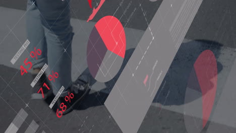 red and gray data visualization animation over person walking on street