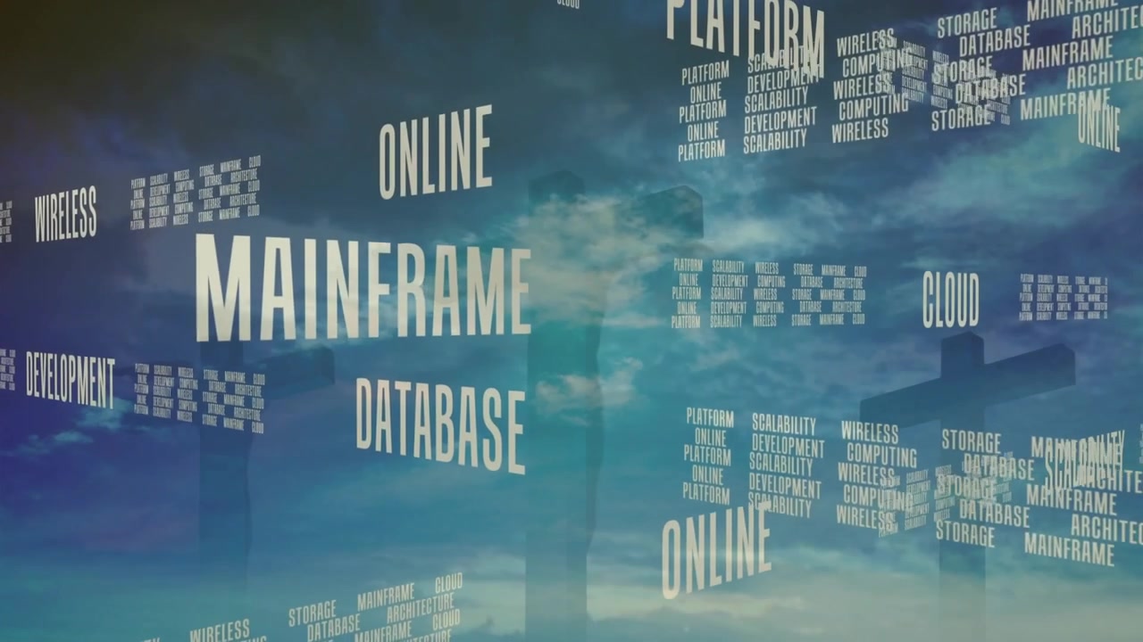 Camera panning right and rotating 3D text cloudscape shifting revealing cloud computing structure