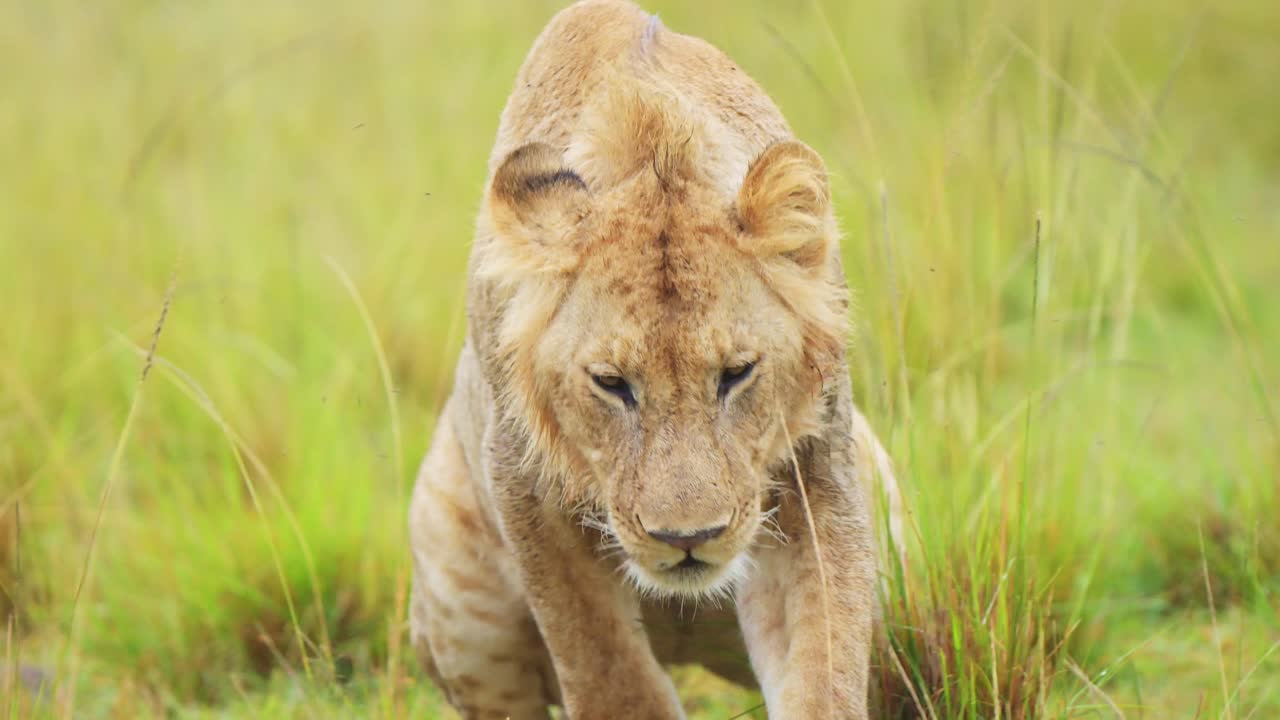 slow motion shot van afrikaanse dieren in het wild in masai mara, jonge mannelijke leeuw die rondloopt door de groene weelderige vlaktes van het keniaanse nationale reservaat, afrika safari dieren in masai mara north conservancy